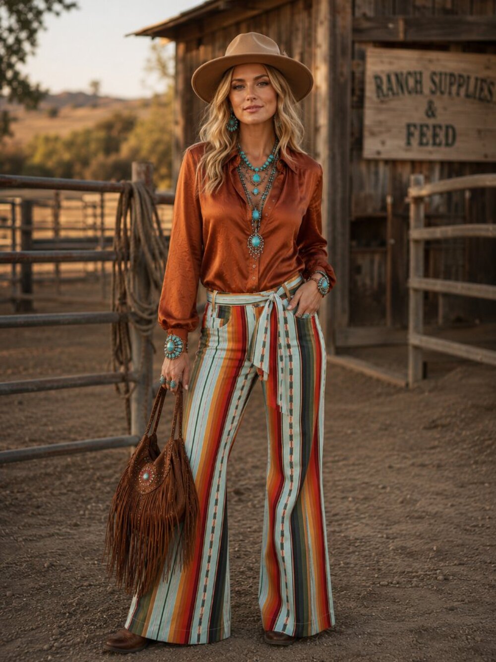 Boho Western Serape Stripe Bell Bottom Pants